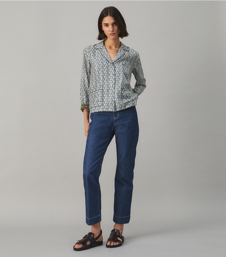 Tory Burch designer hauts Ensemble pyjama en sergé de soie dans MISTY BLUE BLOCK TULIP supplémentaire sur le modèle