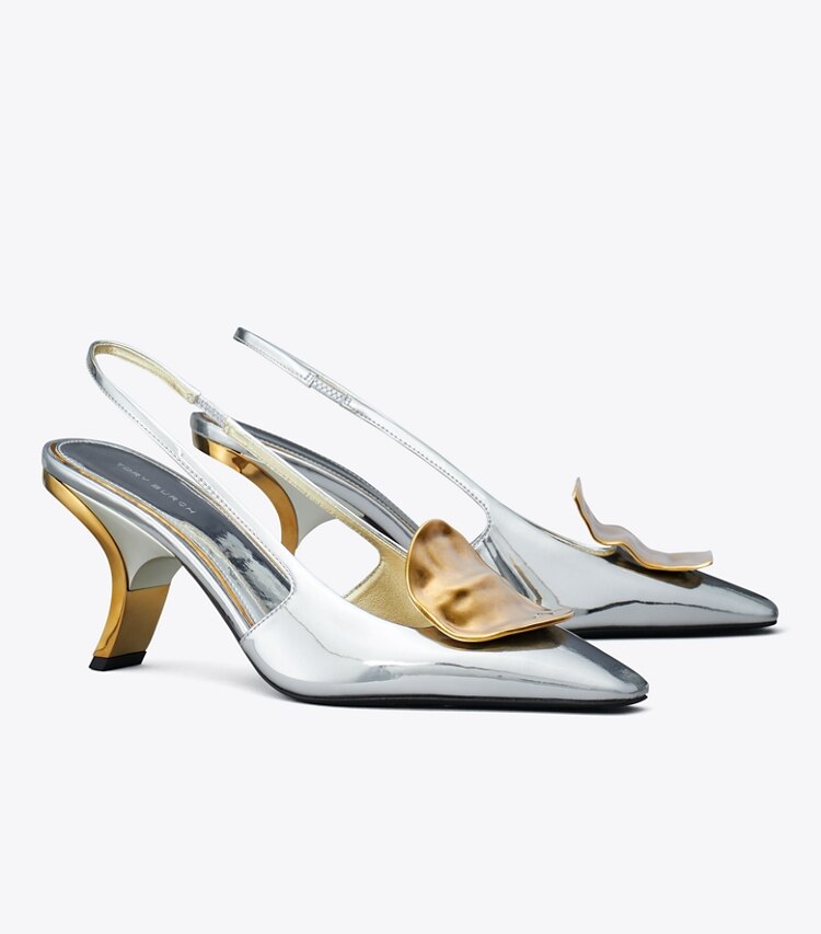Tory Burch designer escarpins Escarpin Patos dépareillé à bride arrière dans ARGENTO / GOLD angle