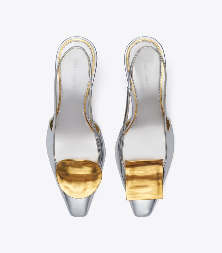 Tory Burch designer escarpins Escarpin Patos dépareillé à bride arrière dans ARGENTO / GOLD vue du dessus