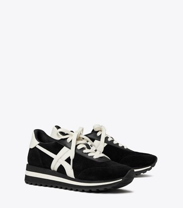 Tory Burch designer baskets Espadrille à talon compensé Hank dans BLACK/NEW IVORY/TITANIUM WHITE angle