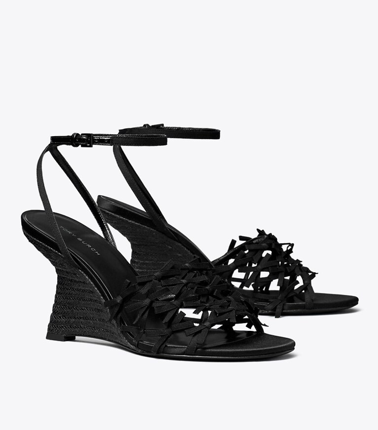 Tory Burch designer espadrilles Espadrille à talon compensé Mini Bow dans PERFECT BLACK / PERFECT BLACK angle