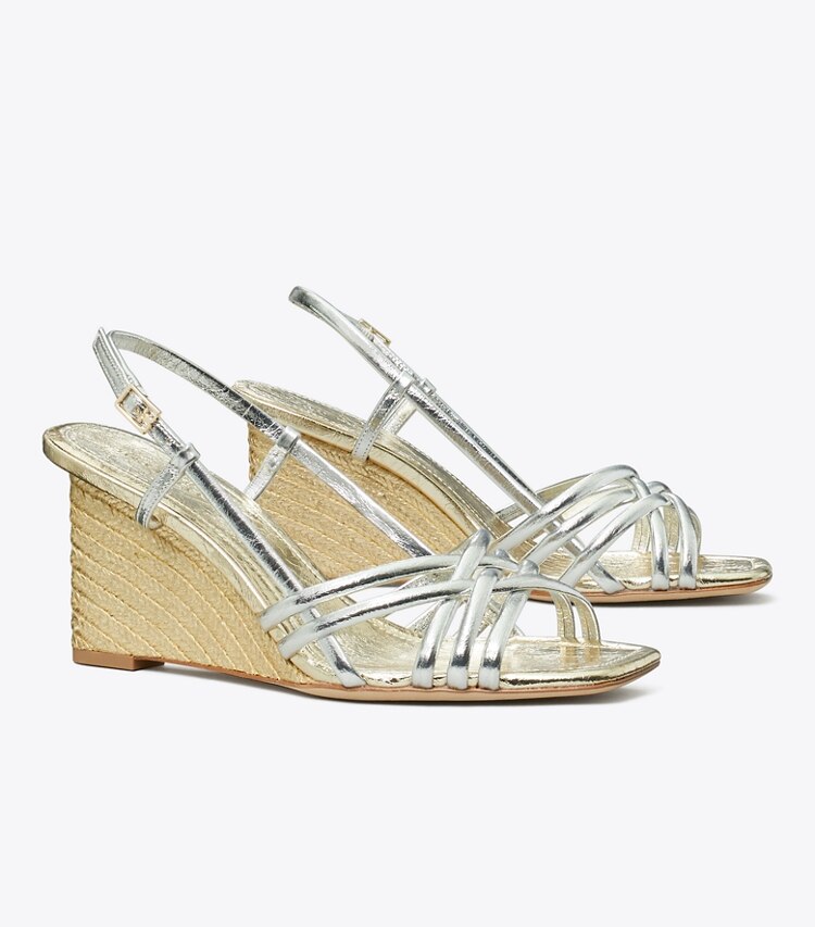 Tory Burch designer sandales Espadrille à talon compensé multibrides dans SHINY SILVER / SPARK GOLD / SPARK GOLD angle