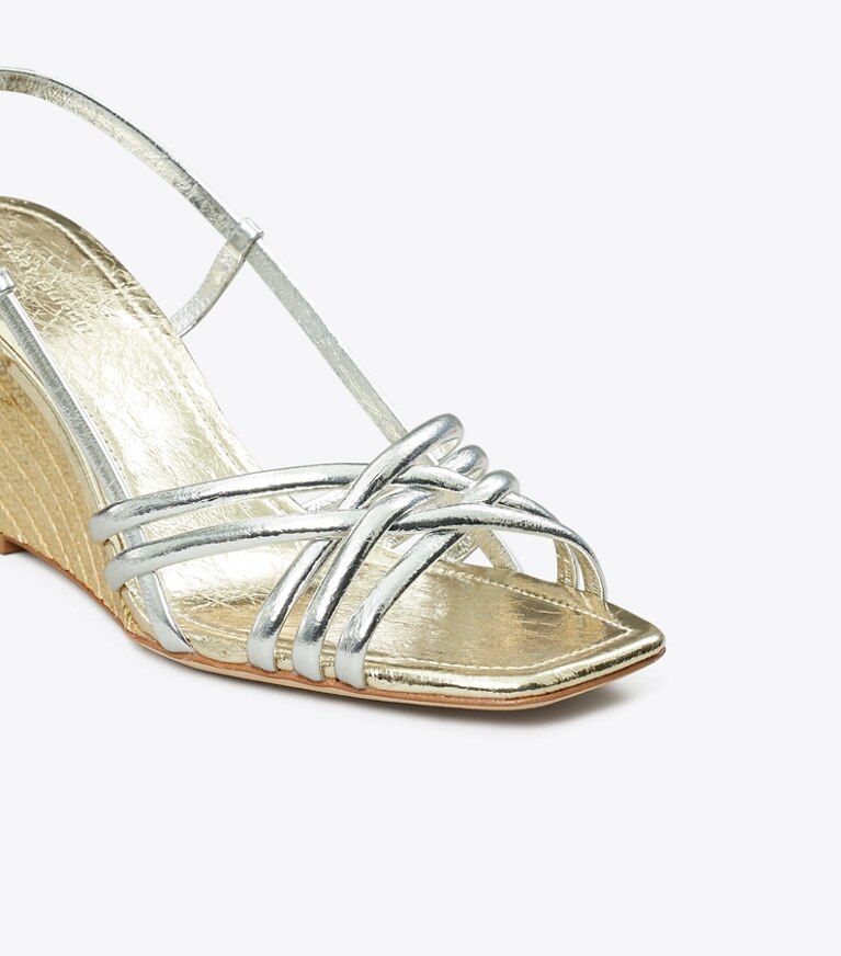 Tory Burch designer sandales Espadrille à talon compensé multibrides dans SHINY SILVER / SPARK GOLD / SPARK GOLD détails