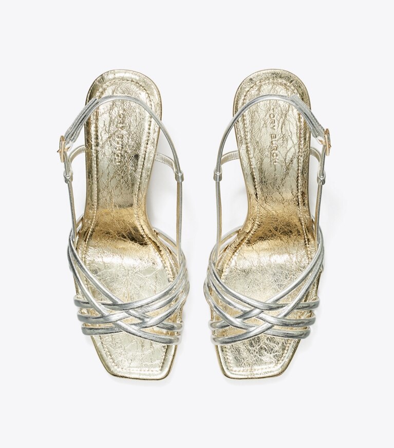 Tory Burch designer sandales Espadrille à talon compensé multibrides dans SHINY SILVER / SPARK GOLD / SPARK GOLD vue du dessus