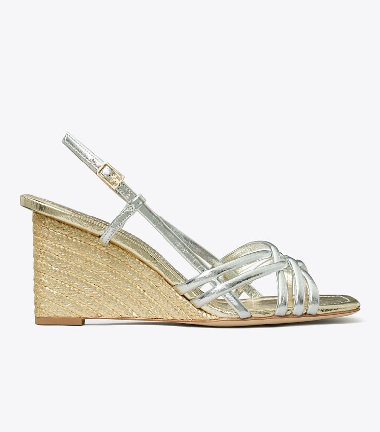 Tory Burch designer sandales Espadrille à talon compensé multibrides dans SHINY SILVER / SPARK GOLD / SPARK GOLD de côté