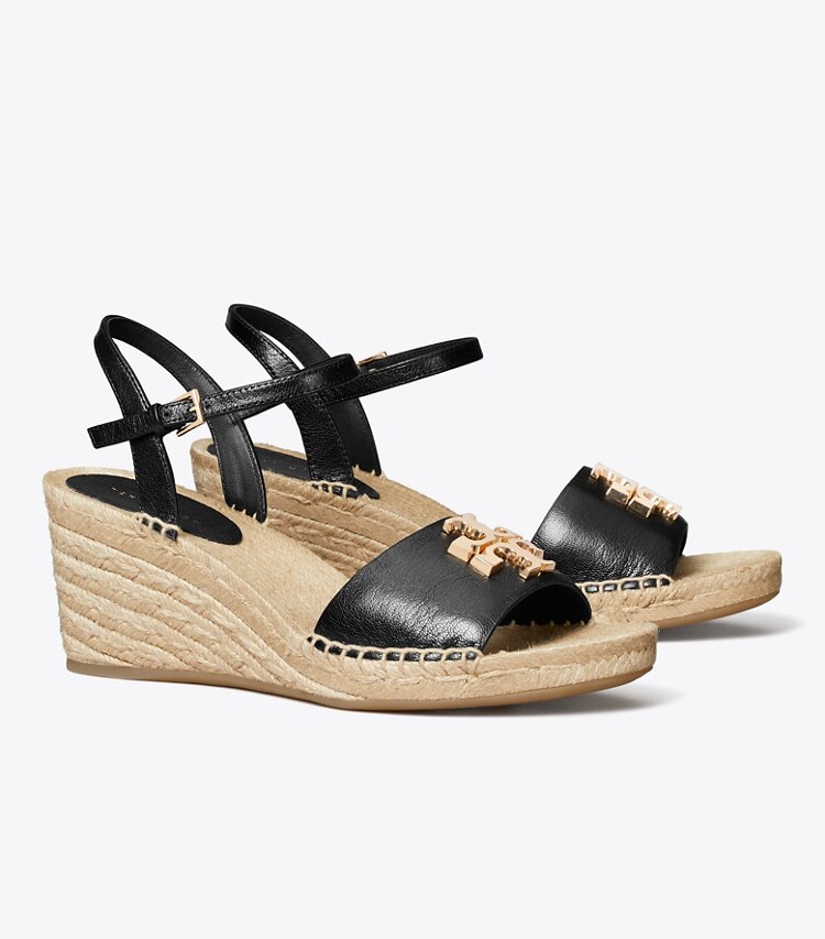 Tory Burch designer espadrilles Espadrille Eleanor à talon compensé dans PERFECT BLACK / GOLD angle