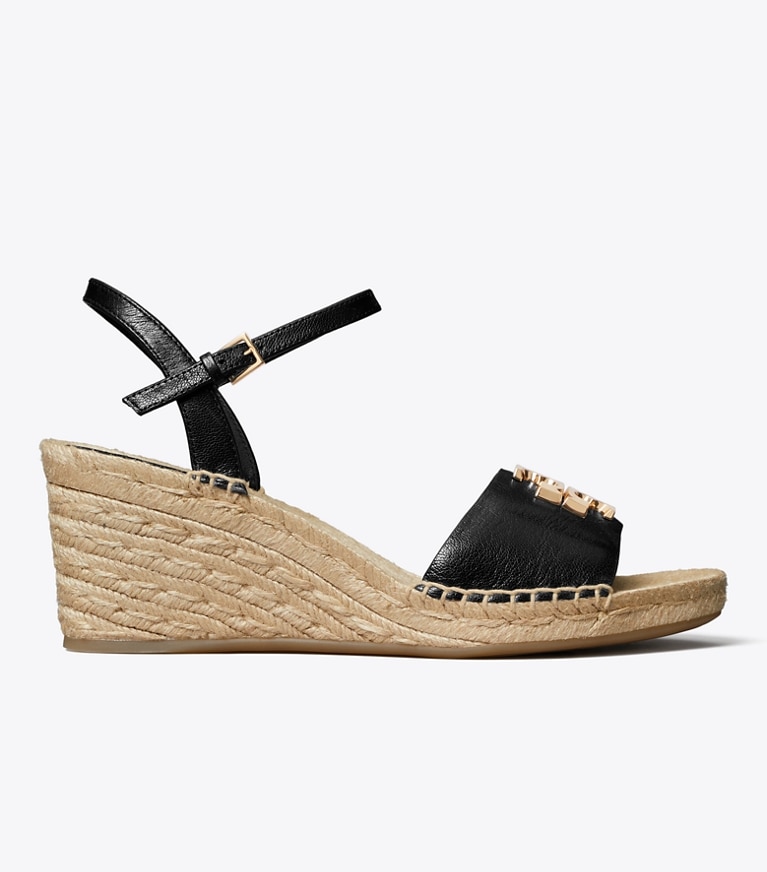 Tory Burch designer espadrilles Espadrille Eleanor à talon compensé dans PERFECT BLACK / GOLD de côté