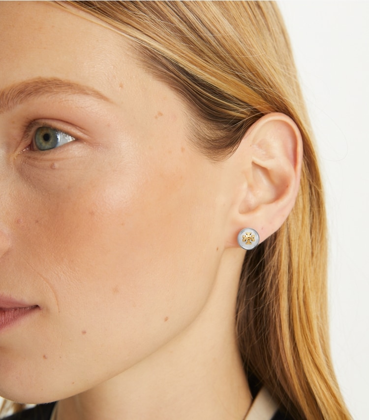 Tory Burch designer earrings Essential Stud in Tory Silver / Tory Gold accessory on model