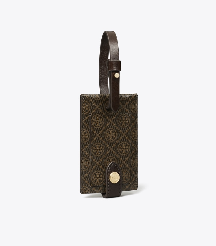Tory Burch designer accessori da viaggio Etichetta per bagagli in tela rivestita T Monogram in French Press angle