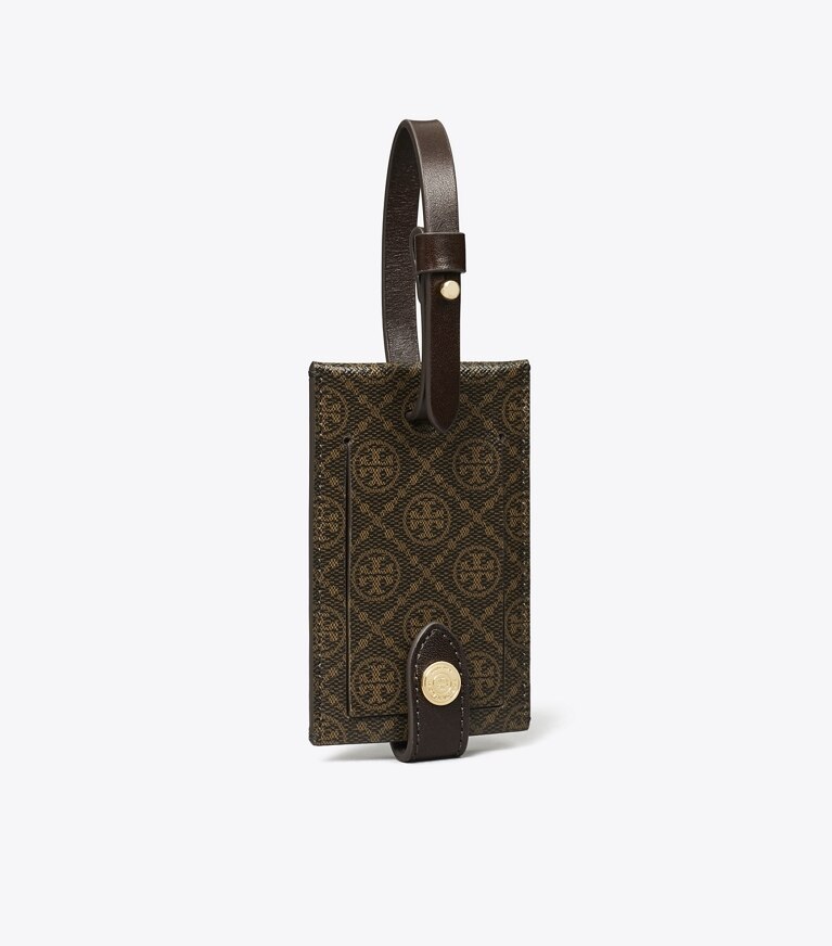 Tory Burch designer accessori da viaggio Etichetta per bagagli in tela rivestita T Monogram in French Press angle