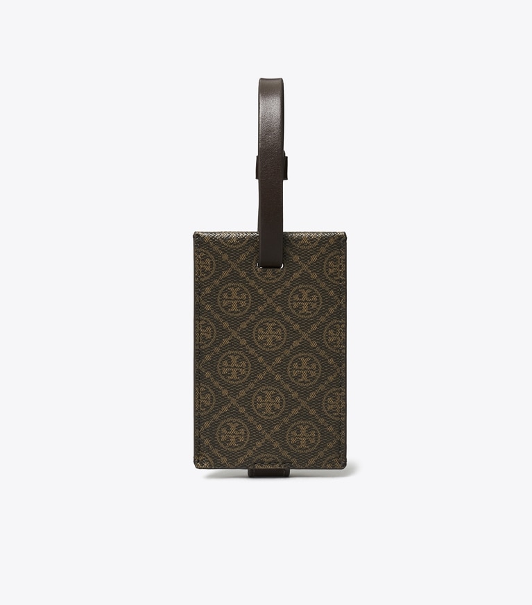 Tory Burch designer accessori da viaggio Etichetta per bagagli in tela rivestita T Monogram in French Press angle