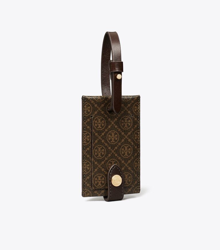 Tory Burch diseñador accesorios de viaje Etiqueta para equipaje de lona recubierta con monograma de T en French Press ángulo