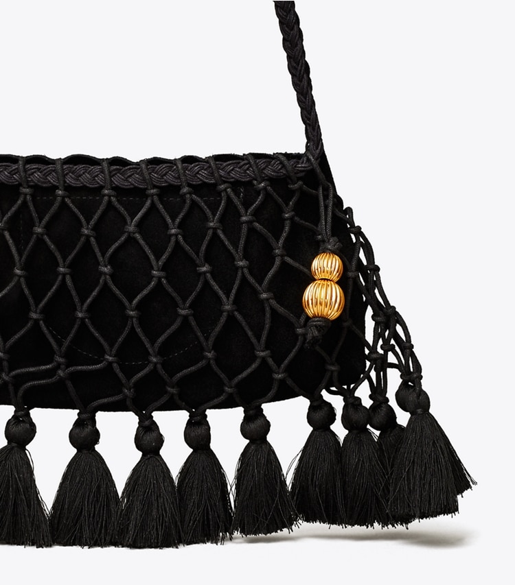 Tory Burch designer crossbody bags Evening Tassel Bag in Black detail
