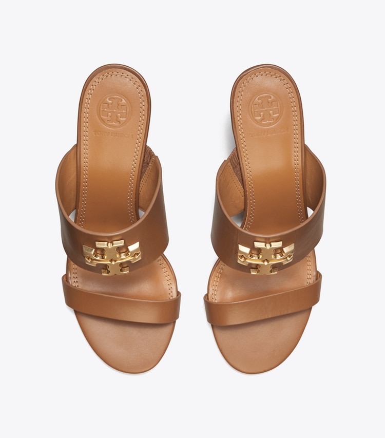 Tory Burch designer sandals Everly 65mm Sandal Wedge Slide in Royal Tan / ROLLED BRASS overhead