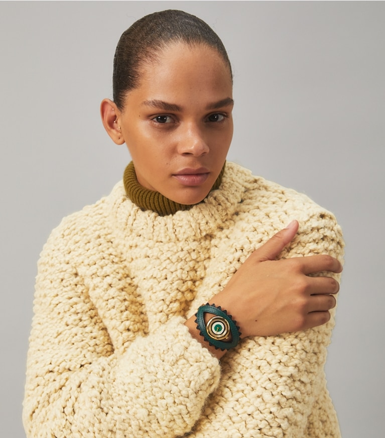 Tory Burch designer strap watches Evil Eye Bangle Watch, Luggage Leather/Green, 27 MM in LUGGAGE/GREEN front