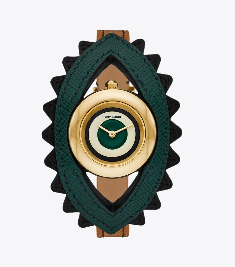 Evil Eye Bangle Watch, Luggage Leather/Green, 27 MM: Women's