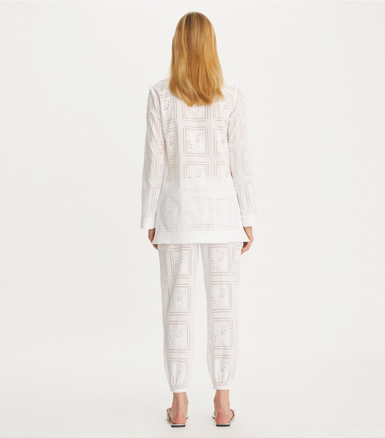 Tory Burch designer bottoms Eyelet Beach Pants in White on model back