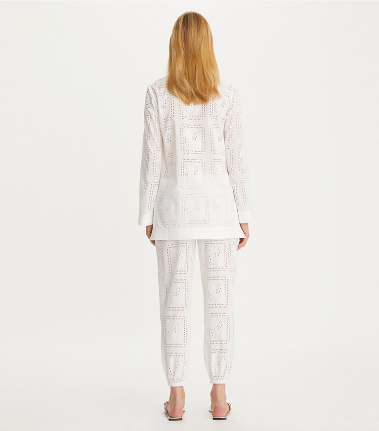 Tory Burch designer bottoms Eyelet Beach Pants in White on model back