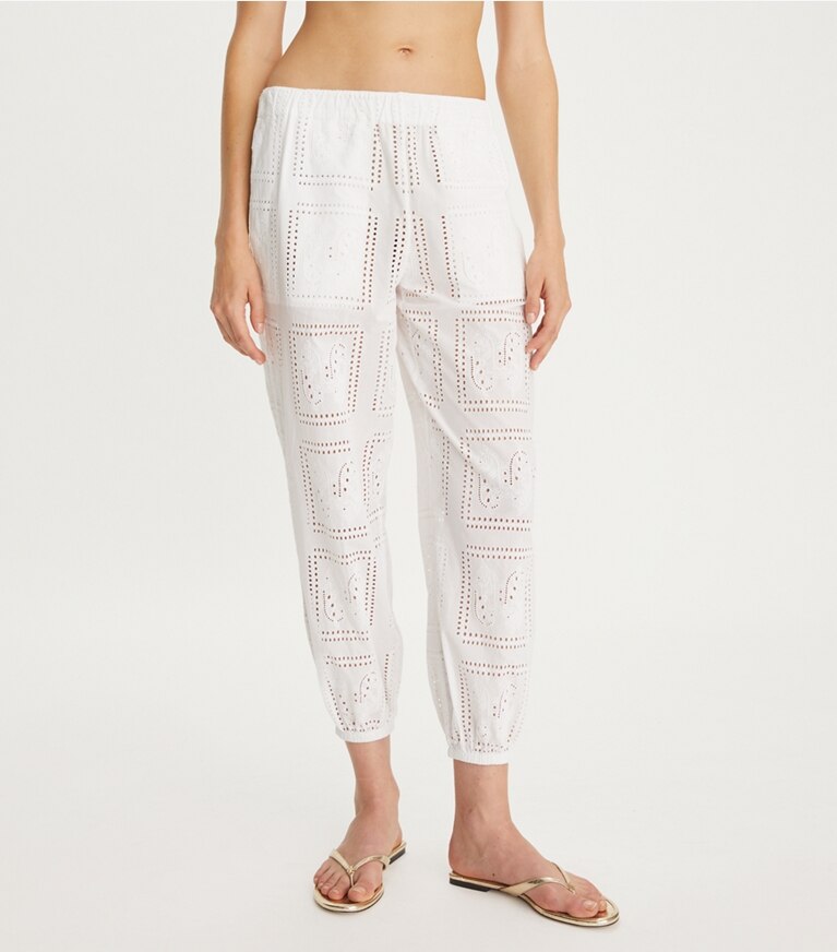 Tory Burch designer bottoms Eyelet Beach Pants in White on model detail