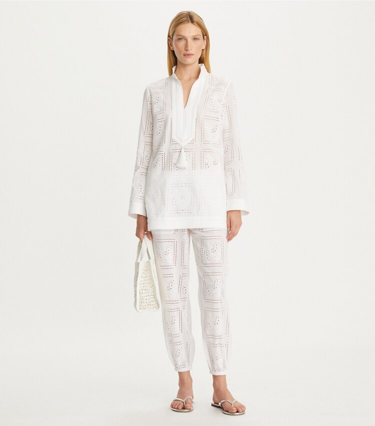 Tory Burch designer bottoms Eyelet Beach Pants in White on model front