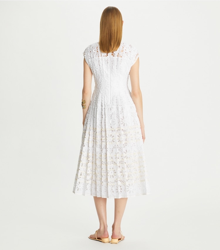 Tory Burch designer dresses Eyelet Claire McCardell Cotton Dress in White on model back