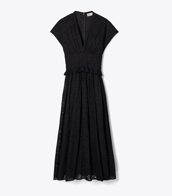 Tory Burch Women's T Monogram Pointelle Pleated Dress in White/Black, size S