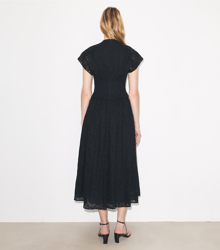 Tory Burch designer dresses Eyelet Cotton Dress in Black on model back