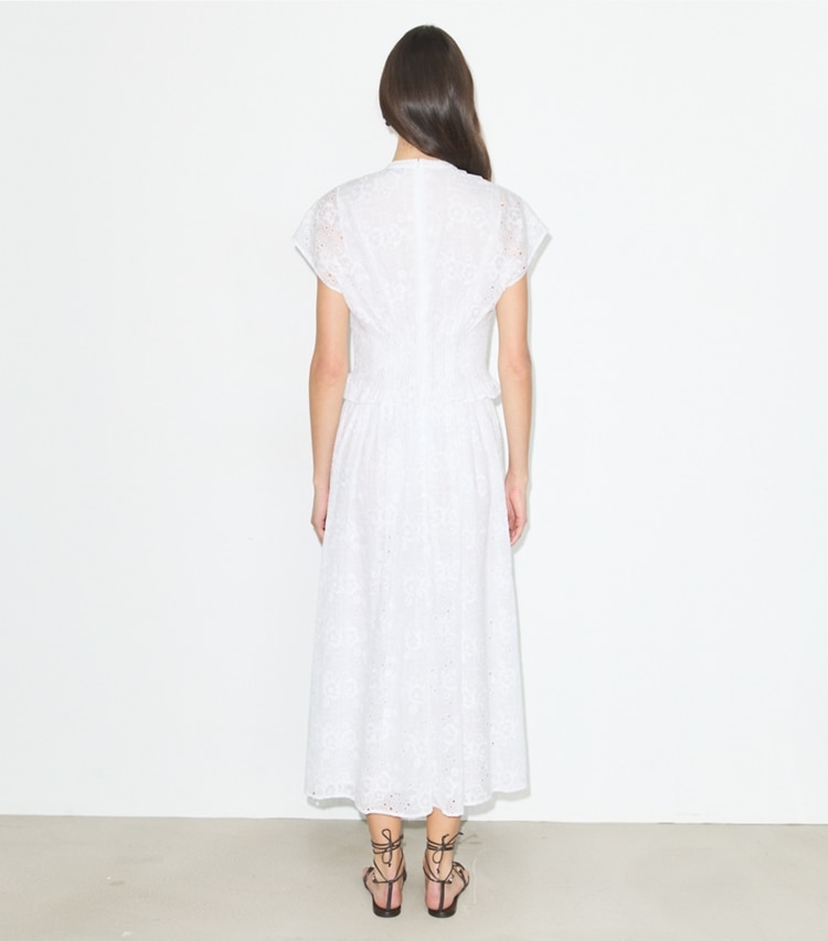 Tory Burch designer dresses Eyelet Cotton Dress in White on model back