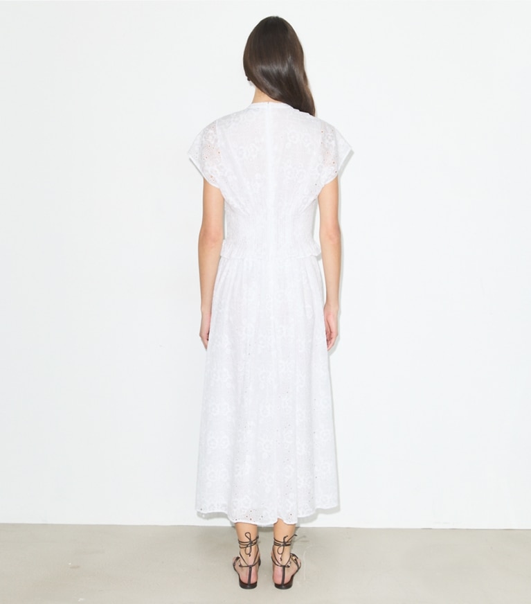 Tory Burch designer dresses Eyelet Cotton Dress in White on model back