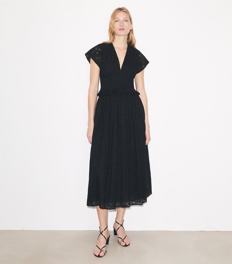 Tory Burch designer dresses Eyelet Cotton Dress in Black on model front