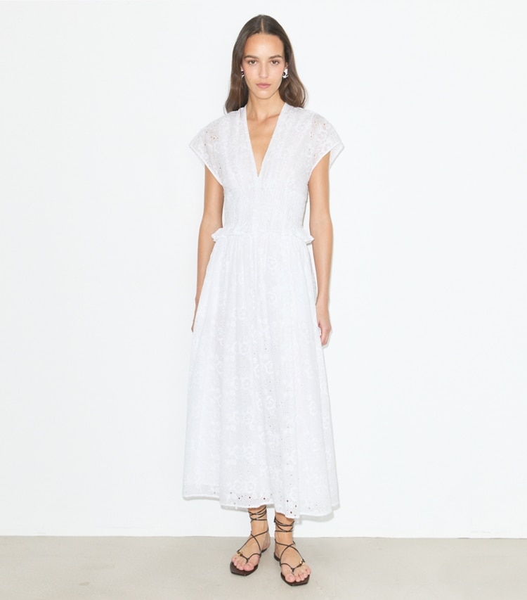 Tory Burch designer dresses Eyelet Cotton Dress in White on model front