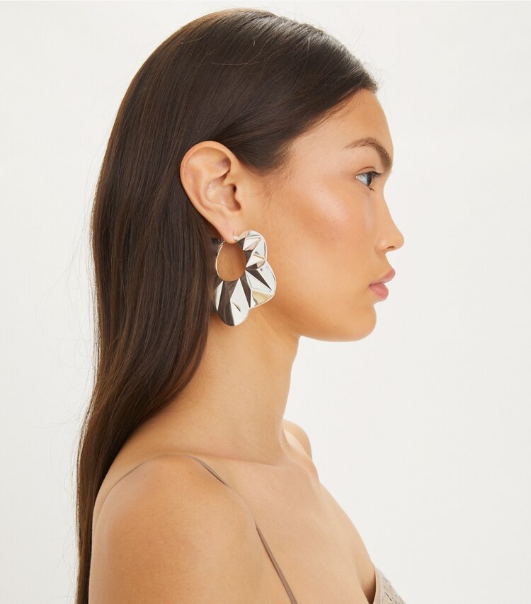 Tory Burch designer earrings Faceted Hoop Earring in Light Silver accessory on model