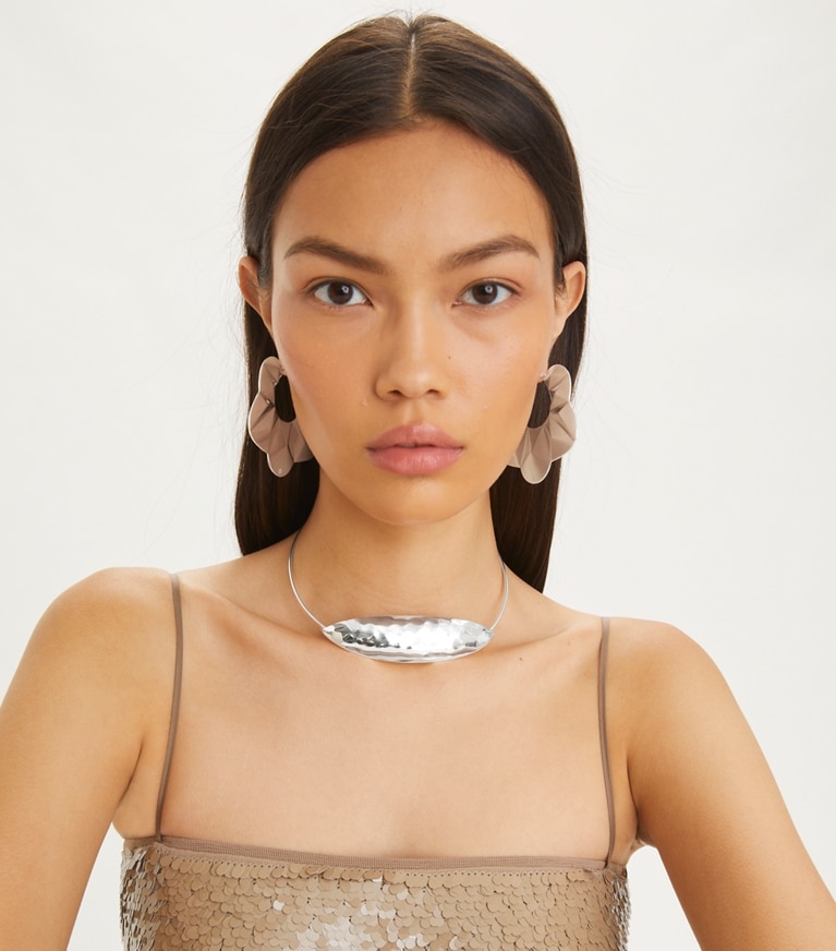 Tory Burch designer earrings Faceted Hoop Earring in Light Silver front