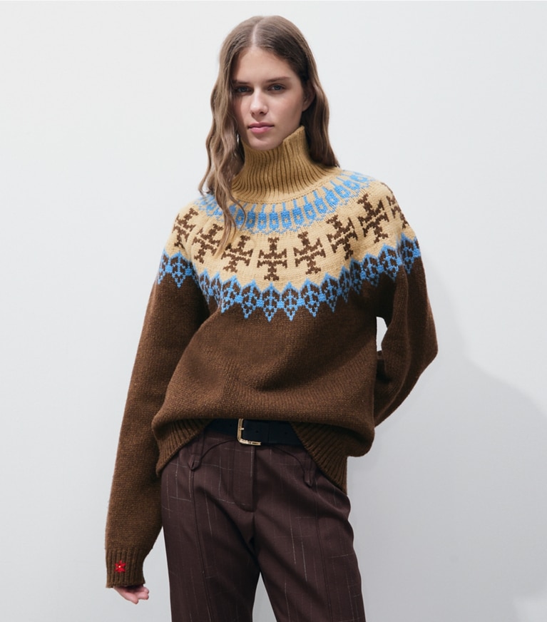 Tory Burch designer strickware Fair-Isle-Pullover aus Wolle in Chocolate Fairisle on model detail