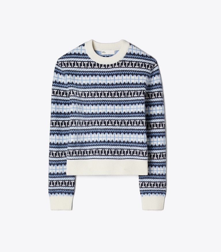 Tory Burch designer sweaters Fair Isle Stripe Wool Sweater in Blue Multi Fairisle Stripe front