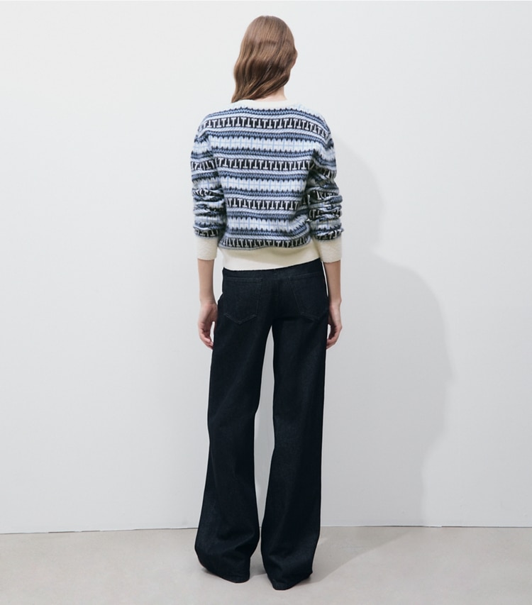 Tory Burch designer sweaters Fair Isle Stripe Wool Sweater in Blue Multi Fairisle Stripe on model back