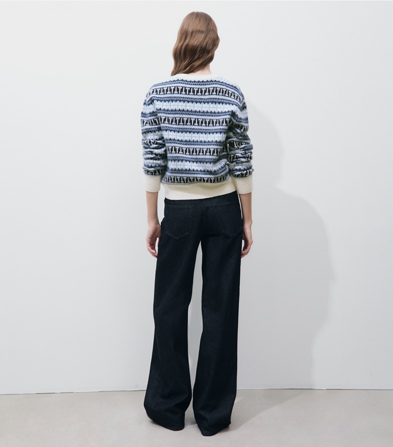 Tory Burch designer sweaters Fair Isle Stripe Wool Sweater in Blue Multi Fairisle Stripe on model back