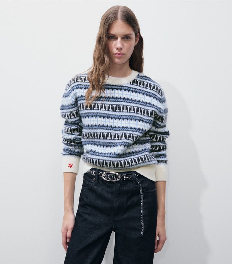 Tory Burch designer sweaters Fair Isle Stripe Wool Sweater in Blue Multi Fairisle Stripe on model detail