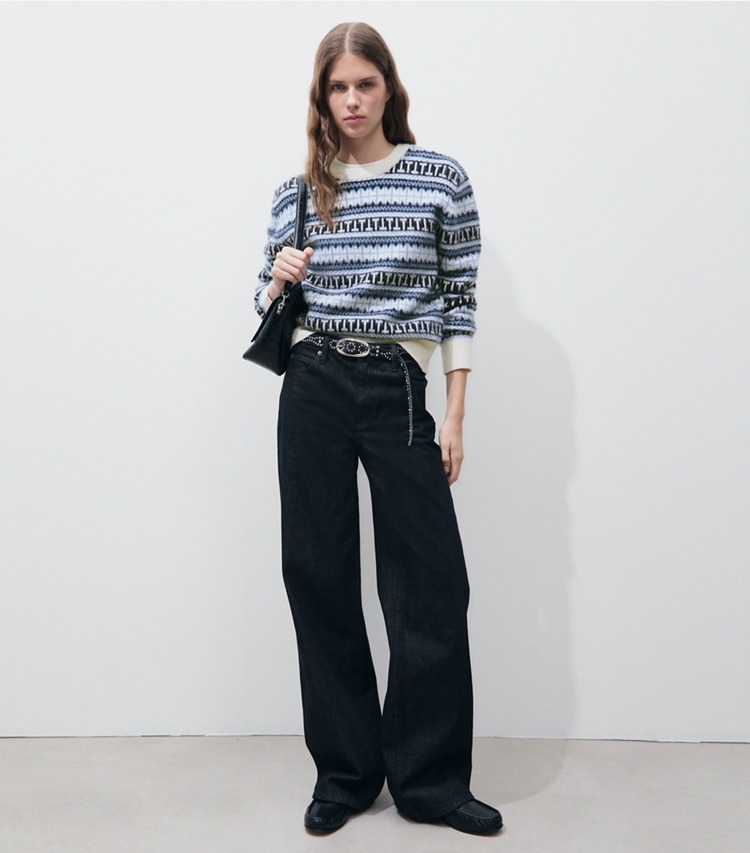 Tory Burch designer sweaters Fair Isle Stripe Wool Sweater in Blue Multi Fairisle Stripe on model front
