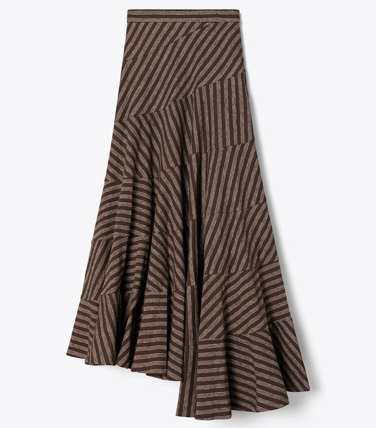 Tory Burch diseñador prendas inferiores Falda acampanada a rayas en Brown / Navy / White Youth Stripe frente