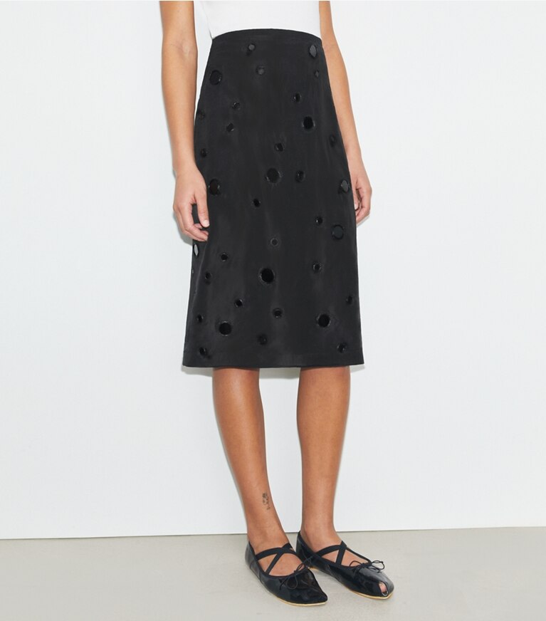 Tory Burch diseñador prendas inferiores Falda con adornos Mirror en Black detalle en modelo