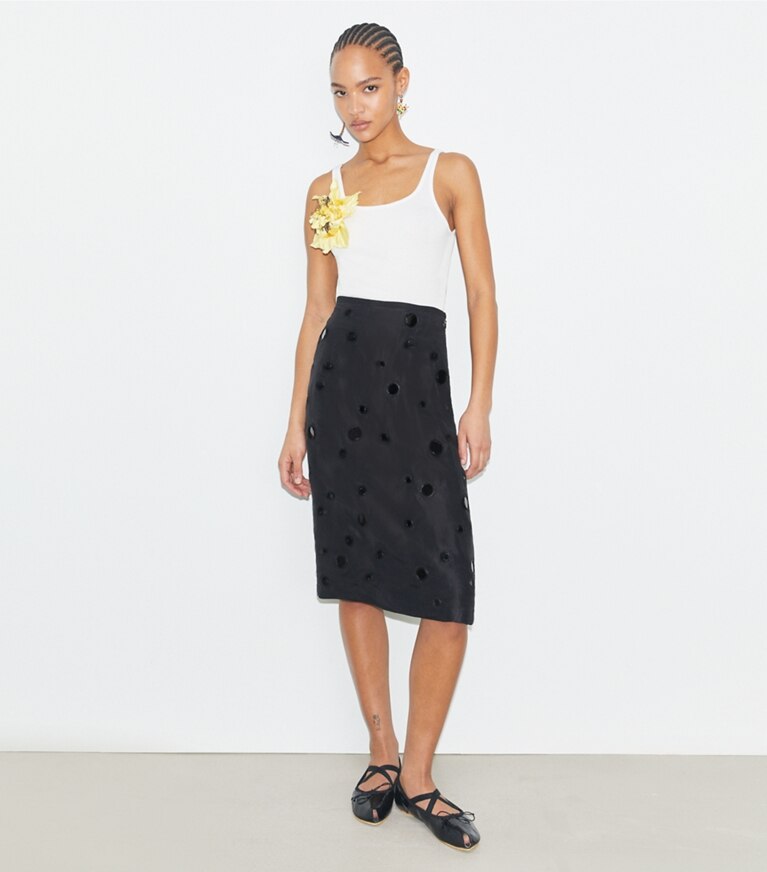 Tory Burch diseñador prendas inferiores Falda con adornos Mirror en Black frente en modelo