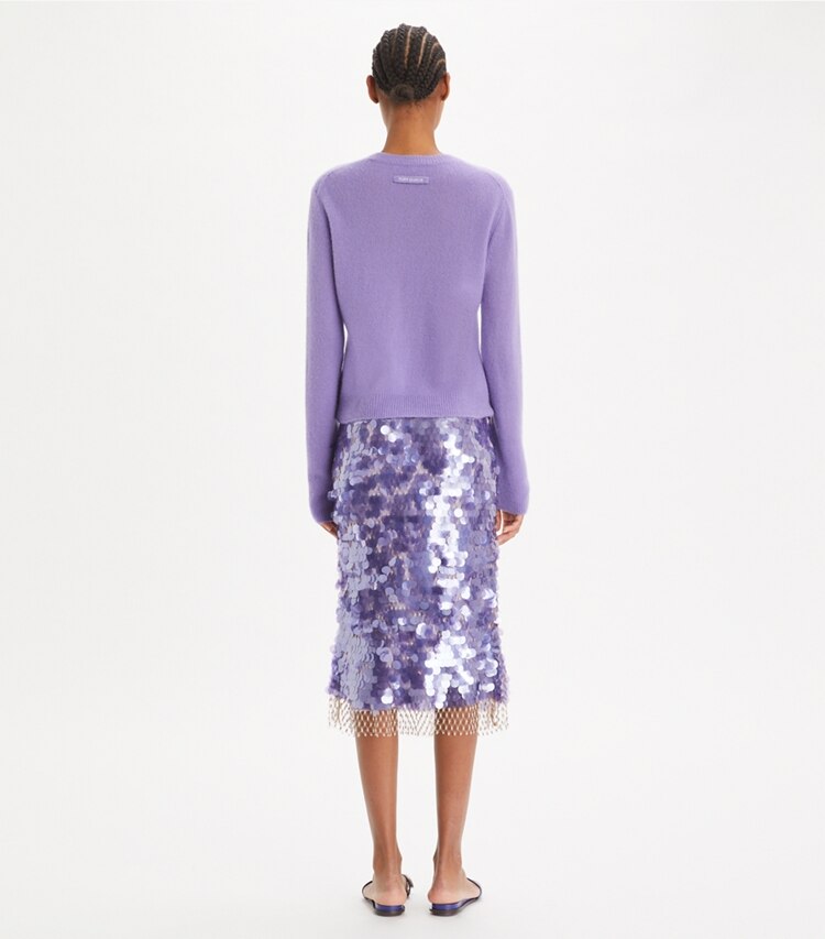 Tory Burch diseñador prendas inferiores Falda con lentejuelas en Heirloom Lilac parte posterior en modelo
