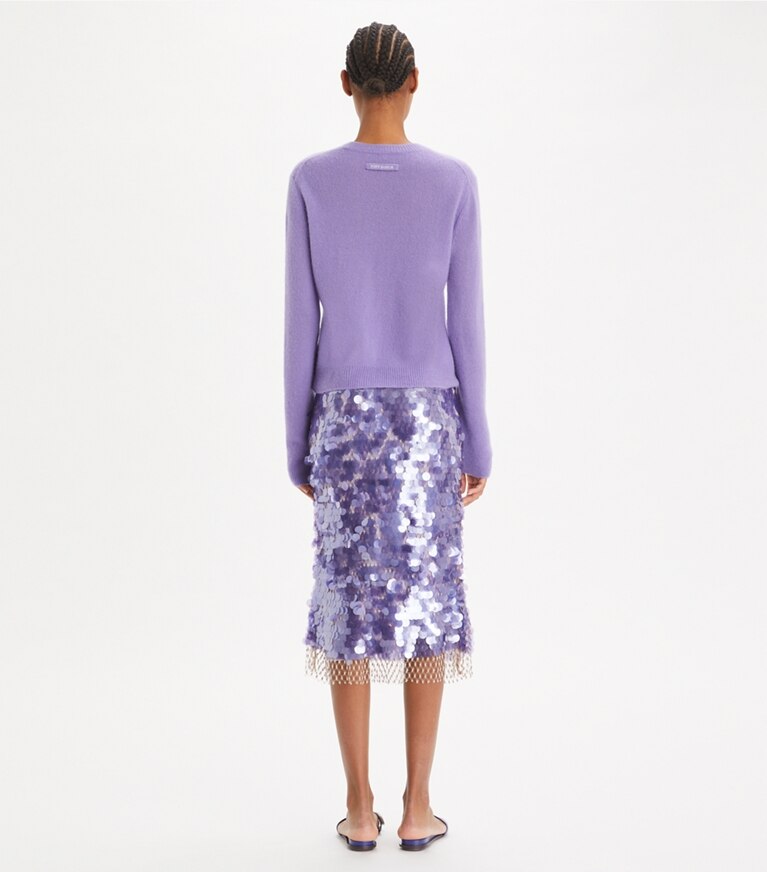 Tory Burch diseñador prendas inferiores Falda con lentejuelas en Heirloom Lilac parte posterior en modelo