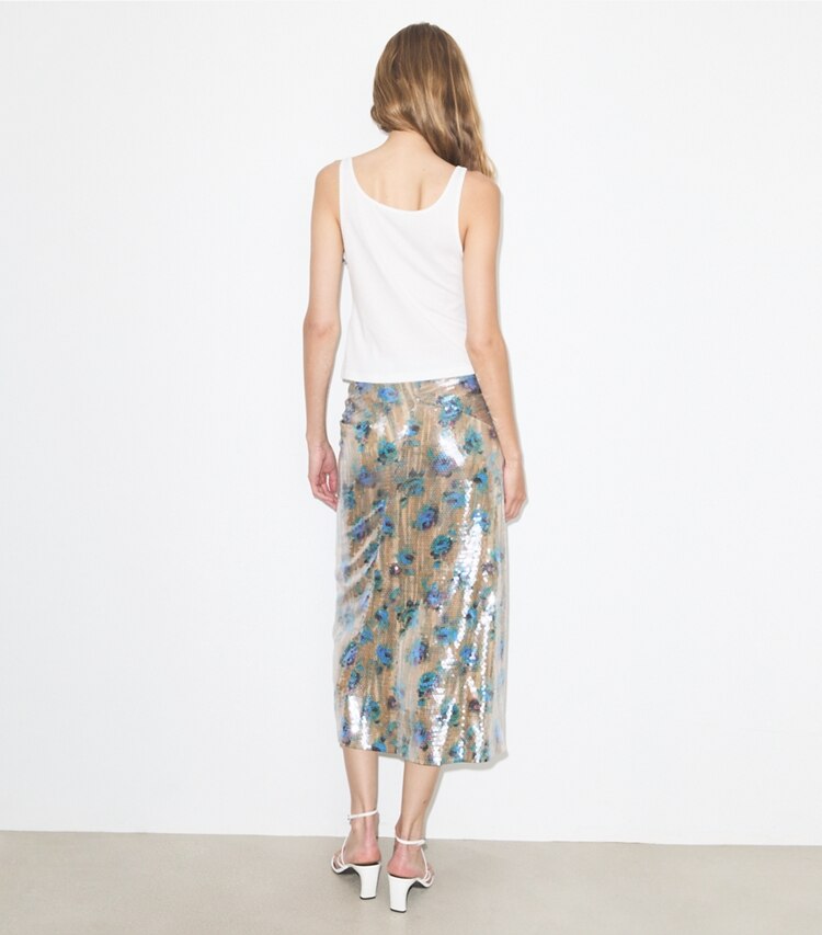 Tory Burch diseñador prendas inferiores Falda con lentejuelas en Blue Roses parte posterior en modelo