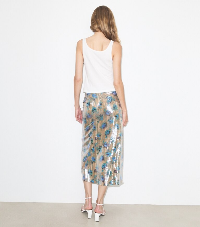 Tory Burch diseñador prendas inferiores Falda con lentejuelas en Blue Roses parte posterior en modelo