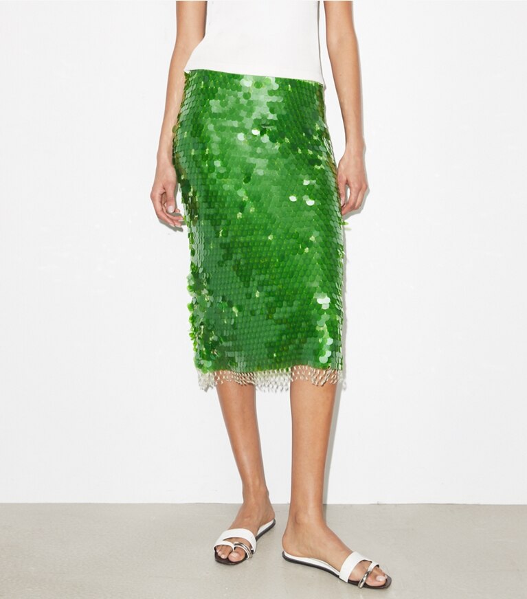 Tory Burch diseñador prendas inferiores Falda con lentejuelas en Bright Green detalle en modelo