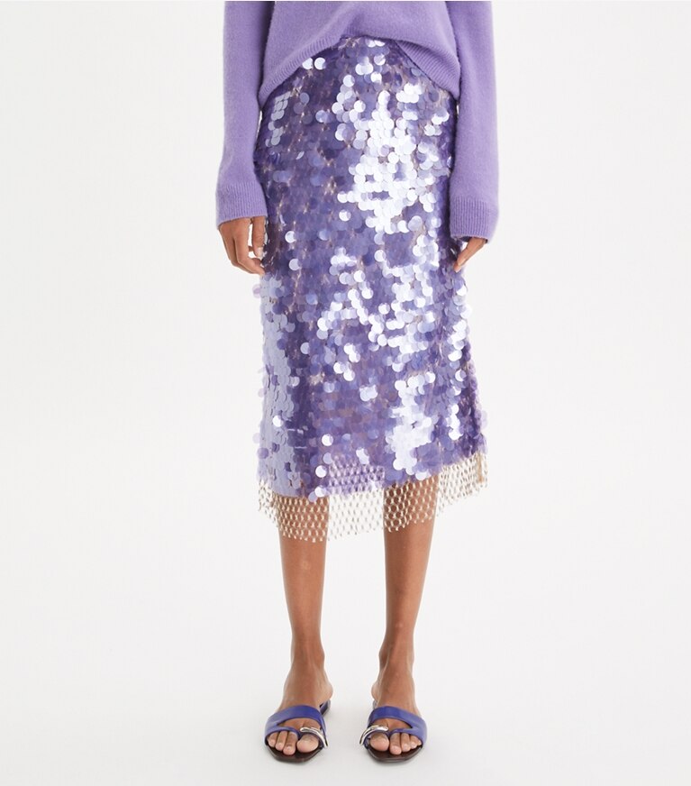 Tory Burch diseñador prendas inferiores Falda con lentejuelas en Heirloom Lilac detalle en modelo
