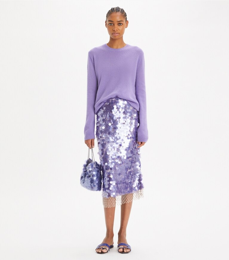 Tory Burch diseñador prendas inferiores Falda con lentejuelas en Heirloom Lilac frente en modelo