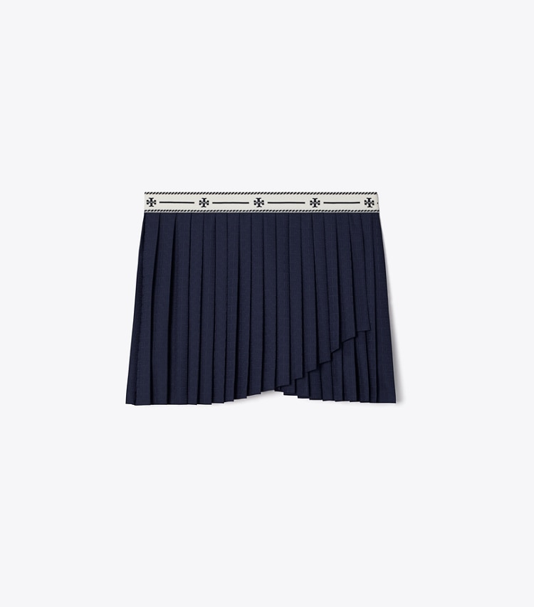 Tory Sport diseñador prendas inferiores Falda con sobrefalda plisada de jersey de jacquard de alto rendimiento en Tory Navy frente